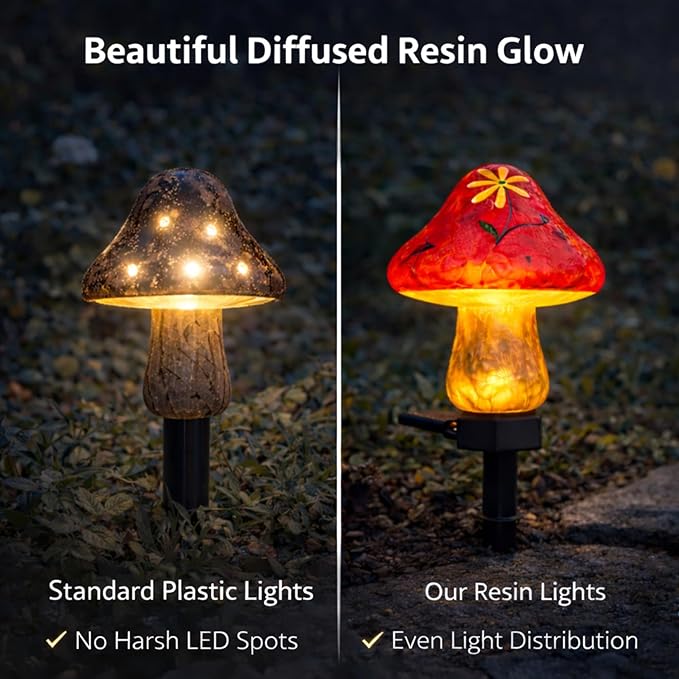 Solar Garden Lights Outdoor, 2 Pack Decorative Solar Mushroom Pathway Lights Waterproof, Resin Garden Lights for Yard Lawn Walkway Patio Decor