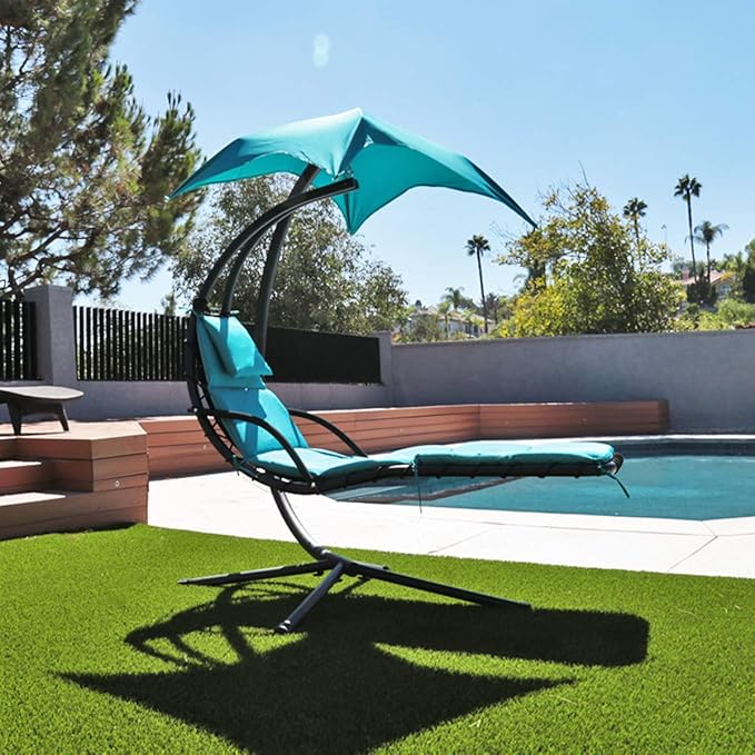 Patio Hanging Chaise Outdoor Lounger Padded Cushion Swing Hammock Chair w/Sun Shade Canopy Umbrella Stand [Blue]