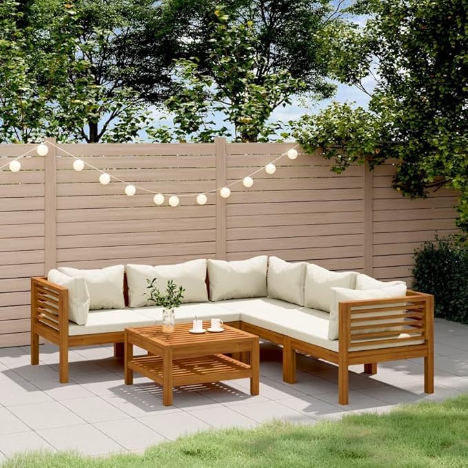 6 Piece Patio Lounge Set, Outdoor Dining Sets Patio Conversation Set Garden Lounge Set Sectional Sofa for Exhibition Poolside Piazza Negotiation Area with Cream Cushion Solid Acacia Wood