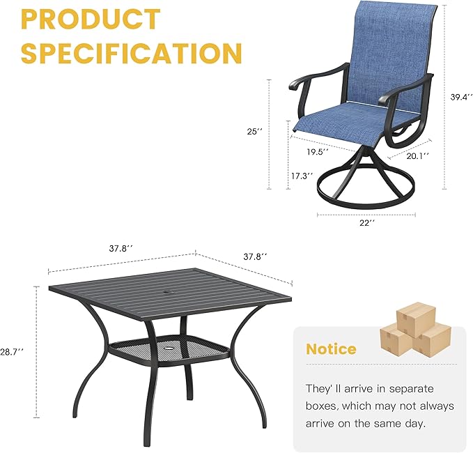VICLLAX 5 Pieces Patio Dining Set for 4, Outdoor Furniture Set Includes 37.8" Square Outdoor Table and 4 Patio Swivel Chairs for Lawn Garden, Black Tabletop and Blue Fabric