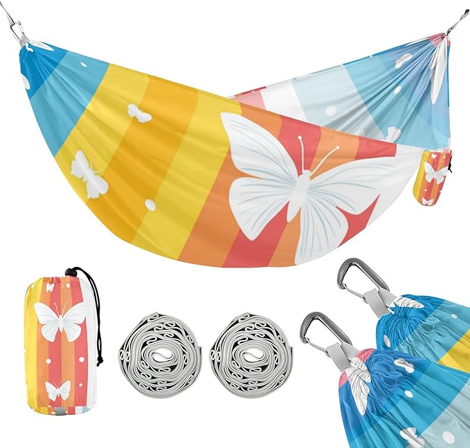 White Butterflies and Stripes Outdoor Hammock with Hanging Rope Hanging Hammock for Outside Patio Garden