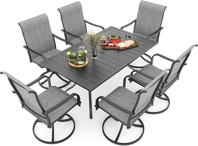 Anmutig 7-Piece Outdoor Dining 6 Swivel Chair and 63'' Rectangular Table with All Weather Frame for Backyard Front Porch Pool Deck Outdoor Furniture Set - Grey Style2