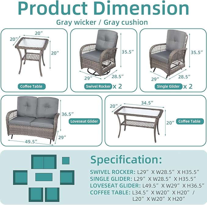 MEETWARM 7 Pieces Outdoor Patio Rattan Furniture Sets, All Weather Patio Wicker Conversation Set- 2 Rocking Glider, 2 Swivel Chairs, 1 Loveseat Glider w/Cushions, 2 Glass-Top Coffee Table, Gray
