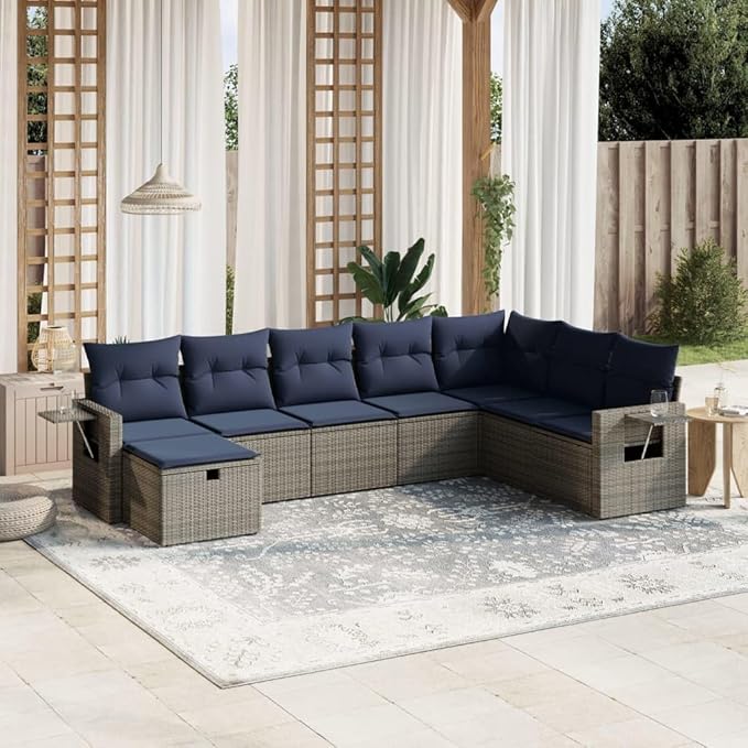 vidaXL Patio Sofa Set with Cushions 8 Piece, Outdoor Conversation Set, Sectional Sofa for Balcony Garden, Modern Style, Gray Poly Rattan