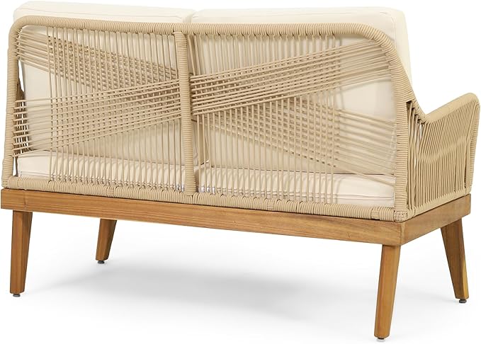 4-Pieces Acacia Wood Patio Furniture Set, All-Weather Outdoor Patio Conversation Set with Coffee Table and Soft Cushions, Rope Weave Porch Chairs for Garden Backyard Porch Balcony