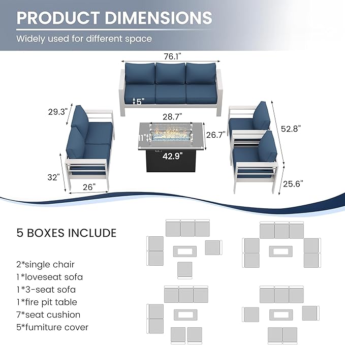 Amopatio Patio Furniture with Fire Pit, 8 Pcs Aluminum Outdoor Metal Patio Sofa Set with Aluminum Fire Pit Table,White&Blue(Included Waterproof Covers)