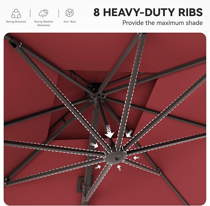 GENTEACO 10X10 FT Cantilever Umbrella with Base Included, Large Offset Patio Umbrella with Double Top, 6 Angle Tilts & 360° Rotation, Large Square Sun Umbrellas for Outdoor Pool Market, Red