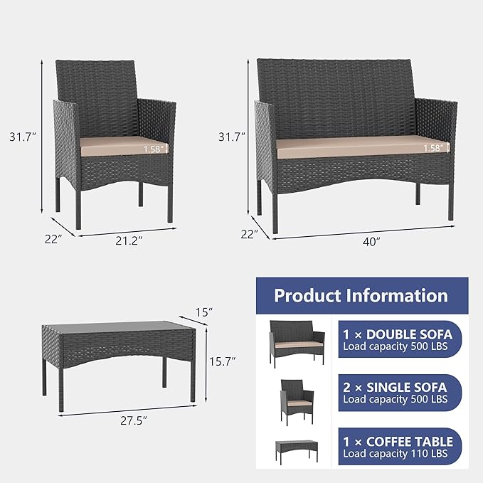 4 Pieces Outdoor Patio Furniture Sets,Wicker Conversation Set with Coffee Table,Loveseat and Wicker Patio Chairs with Soft Cushion for Porch, Garden, Lawn(Sand)