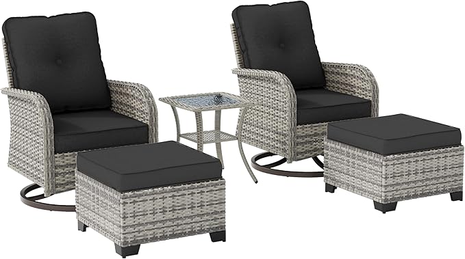 Outdoor Patio Furniture Set Patio Rocking Swivel Chair with Tempered Glass Side Table, Outdoor Wicker Rattan Bistro Set with Ottomans for Garden, Deck, and Balcony, Dark Grey