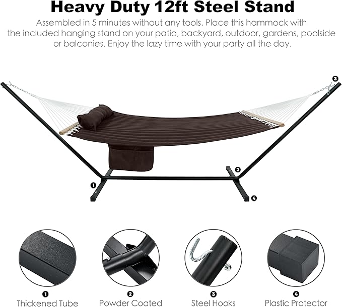 2 Person Hammock with Stand for Outside, Heavy Duty Steel Stand, Double 55inch Hammocks, Large Removable Pillow, Storage Bags, Max 475 lbs Capacity (Brown)