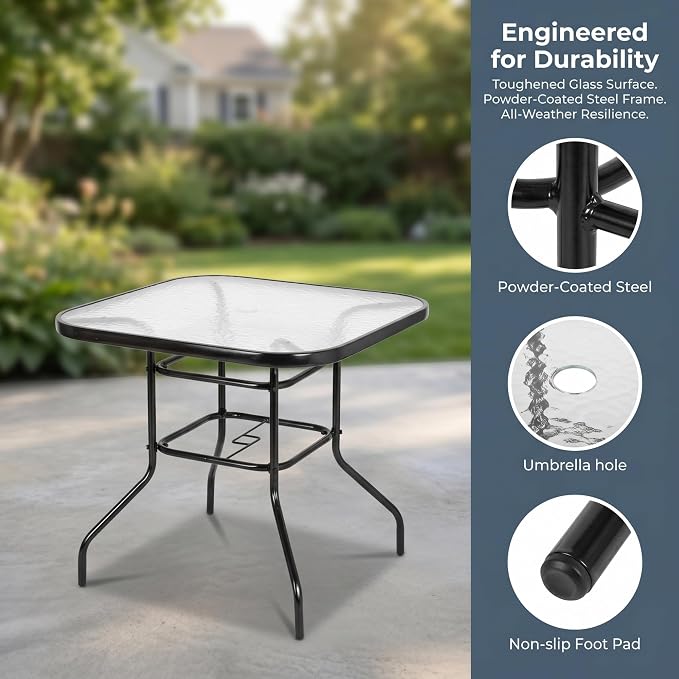 31.5" Square Outdoor Dining Table, Toughened Glass Patio Table with Umbrella Hole for Yard and Garden