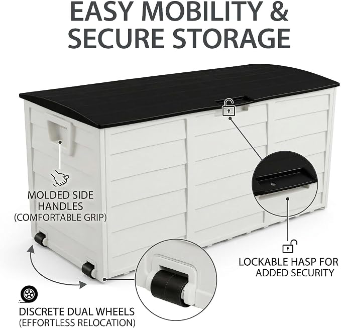 75 Gallon Outdoor Storage Box, 260L Waterproof Resin Deck Box for Patio Furniture Cushions, Garden Tools and Yard Accessories, Lockable Storage Chest with Wheels and Handles (Black+White)