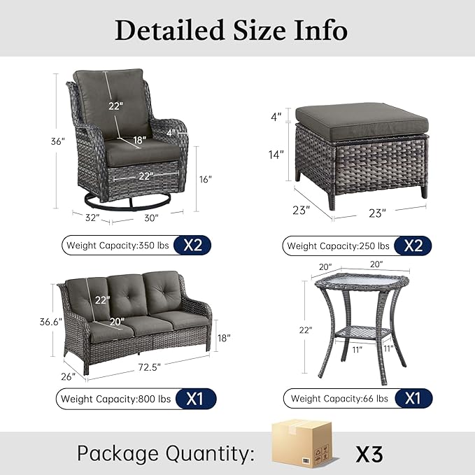 6 Piece Patio Furniture Set with Ottoman - All Weather Patio Conversation Set with 4 Inch Thick Cushions and Deep Seating Swivel Glider Chairs & Outdoor Couch for Porch Deck Yard Pool