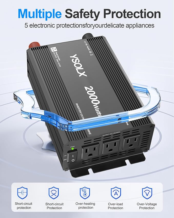 YSOLX 2000W Power Inverter 12V to 110V, DC to AC Inverter with 3 AC Outlets for RV Truck Camping, Home Emergency Use (4000W Peak)