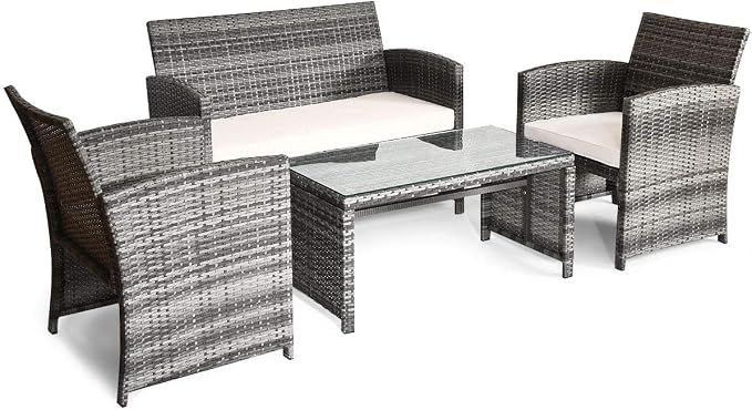 MAT EXPERT 4-Piece Wicker Sofa Chair and Table Set, Patio Rattan Conversation Set w/Removable Cushions, Outdoor Sofa Furniture w/Tempered Glass Coffee Table for Garden/Lawn/Pool/Backyard