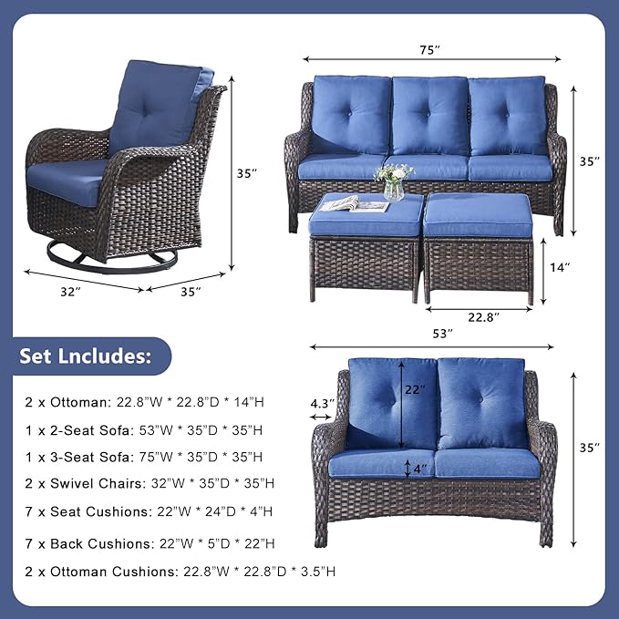 Rilyson Wicker Patio Furniture Set - 6 PC Rattan Outdoor Sectional Conversation Sets with 2 Rocking Swivel Chairs,2 Ottomans,1 Sofa and 1 Loveseat for Porch Deck Garden(Brown/Blue)