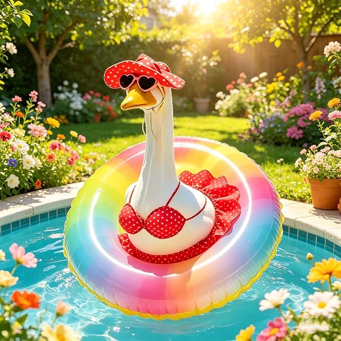 STONESTAR Hawaiian Porch Goose Outfits with Hat Sunglasses & Swim Ring, Summer Bikini Goose Outfit Clothes Costume Fits 23" Cement Geese Statue, Summer Garden Lawn Patio Yard Outdoor Decor