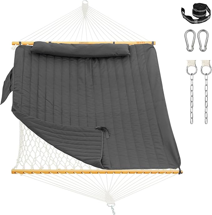 Lazy Daze Hammocks Rope Hammock with Pad, Spreader Bar, Carabiners, Tree Straps, Chains for Outside Patio- Max 450 Lbs, Dark Grey