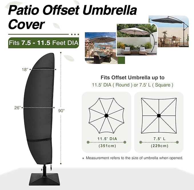 Porch Shield Patio Umbrella Cover - Outdoor Waterproof Garden Offset Banana Parasol Cover Fits Cantilever Offset Umbrella 7.5-11.5 Feet, Black