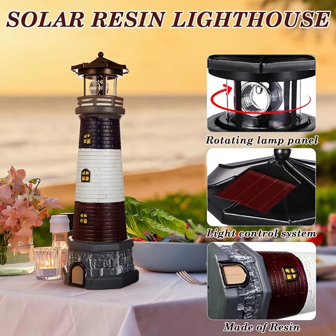 Solar Rotating Lighthouse Outdoor Lantern Garden Decor Resin Street Light - Black