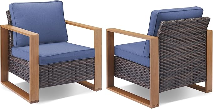 Rilyson 3 Piece Wicker Patio Furniture Set,Patio Bistro Set with 2 Rattan Armrest Chairs and 1 Side Table,Sturdy Frame,All-Weather PE Wicker,Wide Armrest,Deep Seating and Thick Cushions(Brown/Blue)