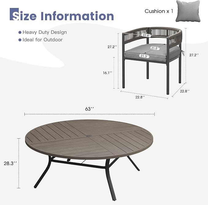 VICLLAX Patio Dining Set, 63.1" Grey Table & 6 Chairs with Grey Cushion | Outdoor Table and Chairs Set of Round Metal Patio Table, Outdoor Dining Chairs with Metal Frame, Garden Deck Porch