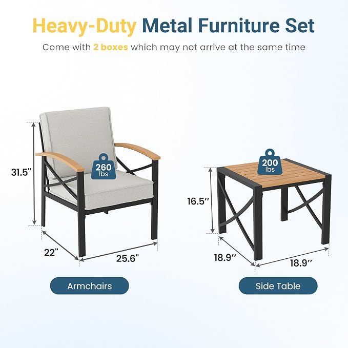 3-Piece Outdoor Patio Furniture Set for All-Weather, Heavy-Duty Metal Outside Furniture with Washable Thick Cushions, Patio Sectional with Coffee Table for Patio, Deck, Backyard, Garden, Beige