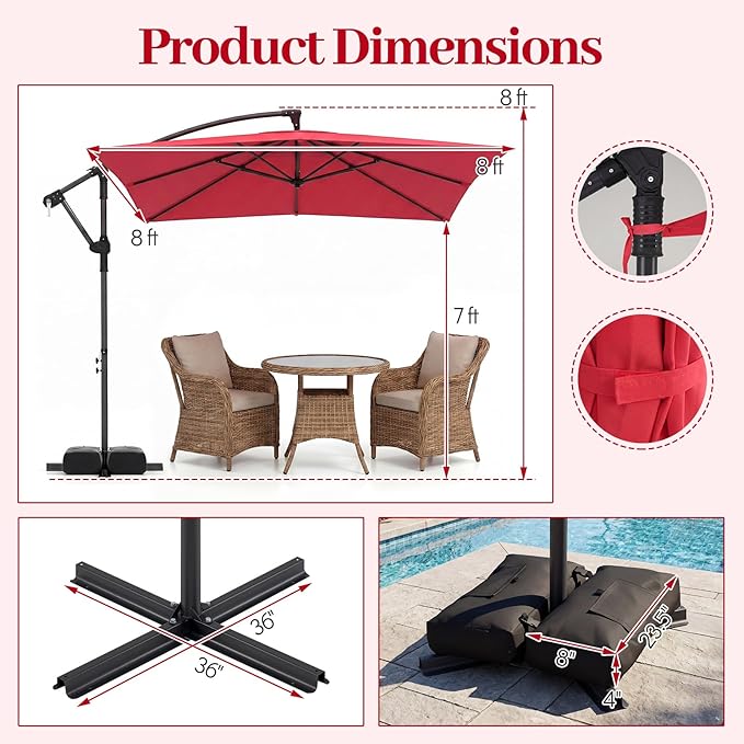 Tangkula 8x8 FT Patio Umbrella with Base Included, Square Offset Cantilever Outdoor Umbrella with 360 Degree Rotation, Crank Handle, Sandbags, 8 Ribs for Pool Deck Garden Backyard