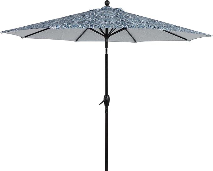 9ft Round Blue and Green Medallion Patio Umbrella, Crank Lift with 3-Position Tilt, Polyester Canopy and Steel Frame for Outdoor Use