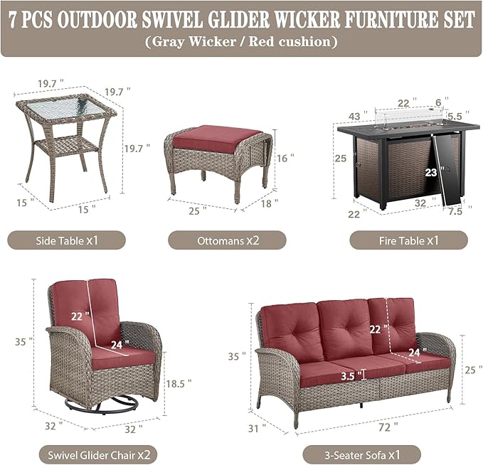 Belord 8 Piece Patio Furniture Set with 43" Fire Pit Table - Wicker Patio Conversation Set with Swivel Rocker Chairs and Sofa for Deck Outside Backyard Gray