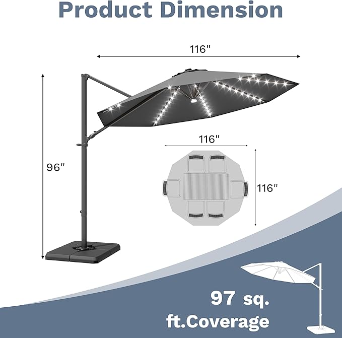 Devoko 10ft Solar LED Patio Umbrella, Round Cantilever Outdoor Umbrella with Solar Lights and 360-Degree Rotation, Large Hanging Offset Market Umbrella with Easy Tilt for Patio Deck Garden,Gray