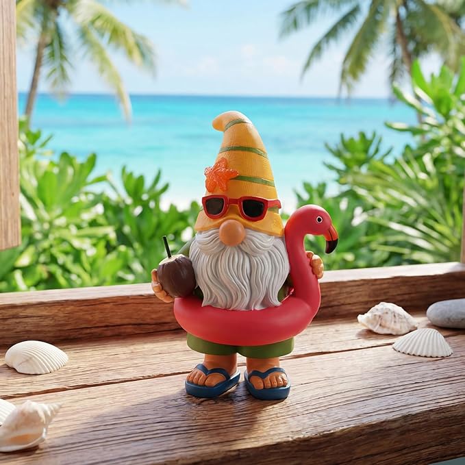 Lavezee Garden Gnome Statue Outdoor Decor, Solar Gnomes with Flamingo Figurine for Garden, Patio, Yard Decor, Summer Pool Party