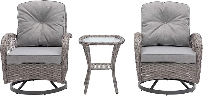 3 Pieces Outdoor Swivel Rocker Patio Chairs, 360 Degree Rocking Patio Conversation Set with Thickened Cushions and Glass Coffee Table for Backyard, Grey