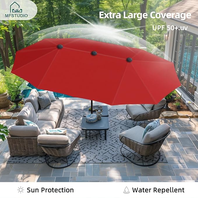 MFSTUDIO 13ft Outdoor Patio Umbrella, Double Sided Large Rectangular Umbrella Market Table Twin Triple Rectangle Umbrellas with Crank Handle for Outside Picnic Backyard Deck Pool (no base)