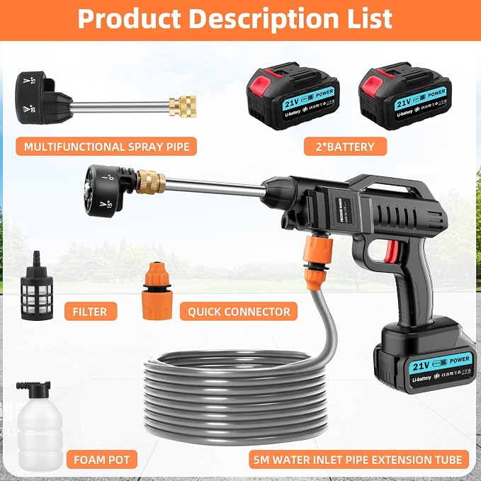 Cordless Pressure Washer, 1450 PSI Portable Battery Power Washer, Cordless Pressure Jet Washer with 6-in-1 Adjustable Nozzle, with 2×3.0Ah Batteries, Charger, 5m Hose for Vehicle, Driveway Deck