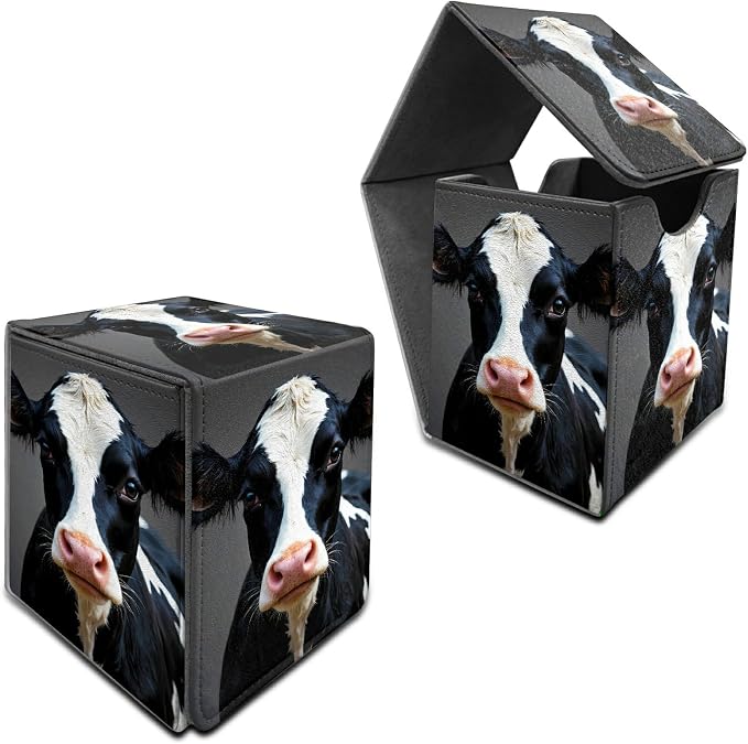 Black White Cow Card Deck Box for MTG, Personalized Card Storage Case Fits 120+ Sleeved Cards, Premium Leather TCG Box with Strong Magnetic Closure for Magic, CCG, PTCG, Baseball Cards