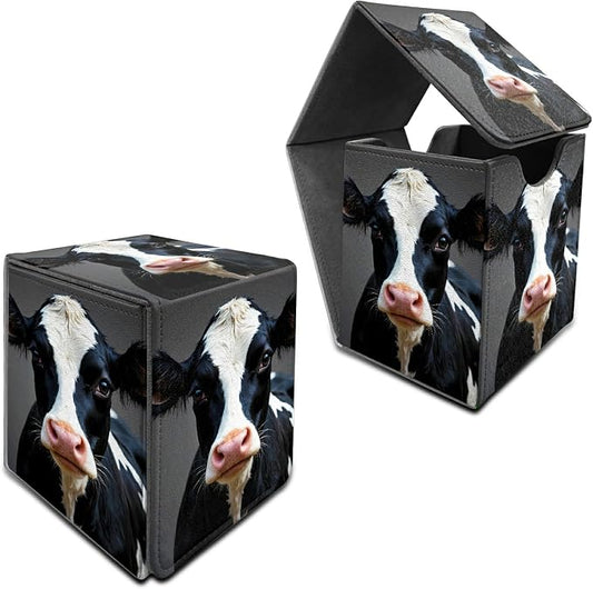 Black White Cow Card Deck Box for MTG, Personalized Card Storage Case Fits 120+ Sleeved Cards, Premium Leather TCG Box with Strong Magnetic Closure for Magic, CCG, PTCG, Baseball Cards