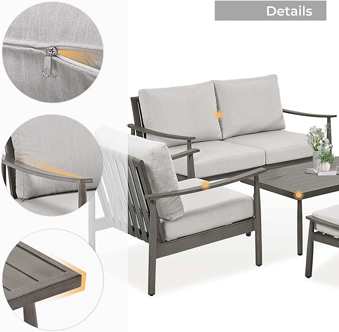 HAPPATIO Patio Outdoor Furniture Set - 6 Pieces Aluminum Outdoor Conversation Set with 1 Cushioned Loveseat, 2 Armchairs, 1 Coffee Table and 2 Ottomans for Yard, Porch, and Deck (Grey)