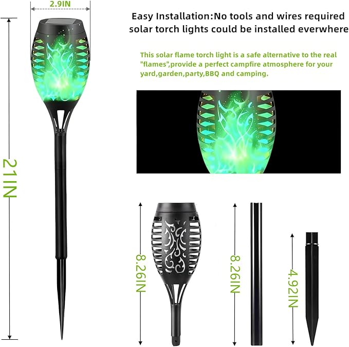 Solar Torch Light with Flickering Flame,4Pack Solar Lights Outdoor,Waterproof Solar Powered Yard Garden Lights,Solar Flame Light,Torches Lighting for Outside Patio Lawn Path Decorations (Green)