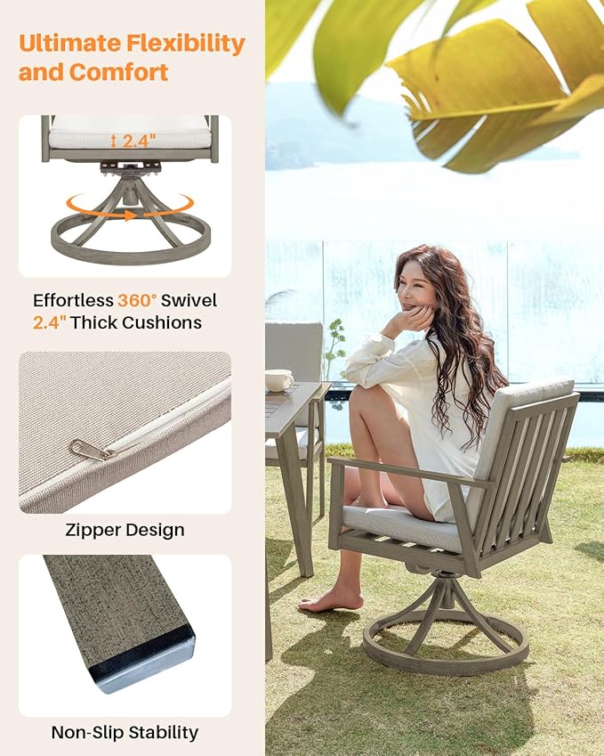 9 Pieces Outdoor Dining Set, Never-Rust Aluminum Patio Swivel Dining Set with Umbrella Hole, 360° Rotation Outdoor Patio Furniture Set, 8 Swivel Chairs and Table for Decks, Backyard, Limed Oak