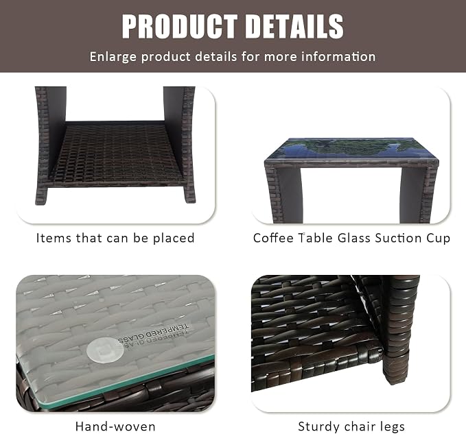 Rattan Side Table,Outdoor Patio Wicker Table,Modern Patio End Side Table with Glass Countertop and Storage Space,for Garden Balcony Porch (Brown3)