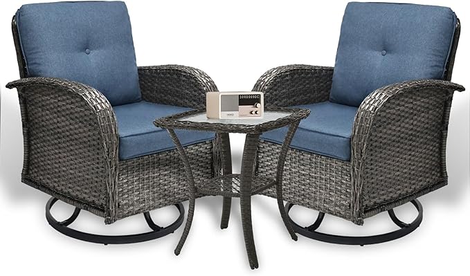 SHGJ&SOFT 3 Piece Patio Furniture Set, 2 Outdoor Swivel Rocking Chairs with Side Table, Wicker Glider Chairs, All-Weather Rattan Bistro Set for Porch, Deck, Pool (Blue, Grey Full-Weave Rattan)