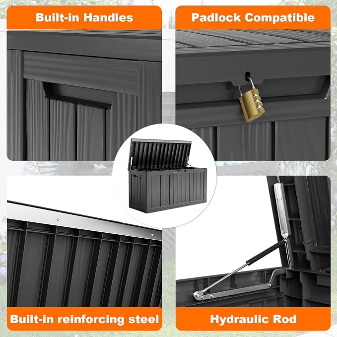 Large Outdoor Storage Box Waterproof, UV Resistant Resin Deck Box for Patio Furniture,Garden Tools,Cushions (Black, 85 Gallon)