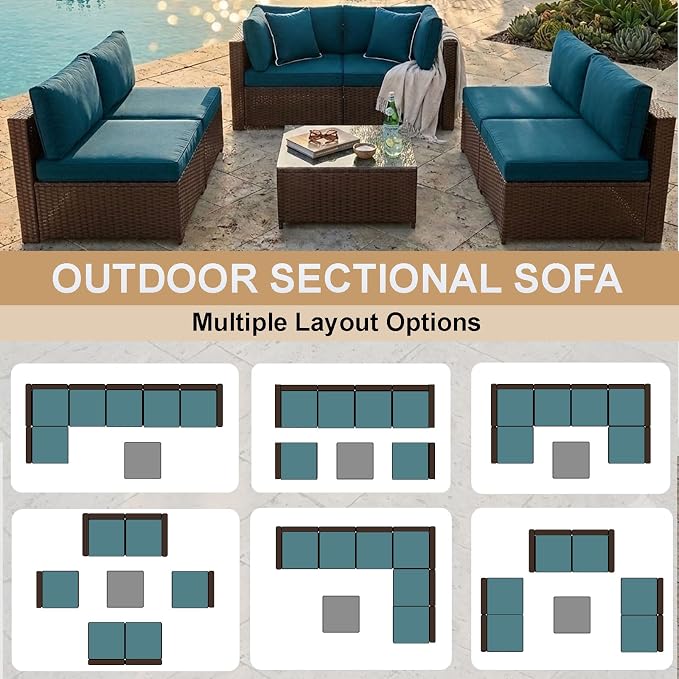 KIGOTY Patio Furniture Set,7 Pieces Modular Outdoor Sectional Sofa, PE Rattan Patio Conversation Set, All Weather Wicker Patio Furniture with Cushions and Coffee Table（Brown/Peacock Blue）