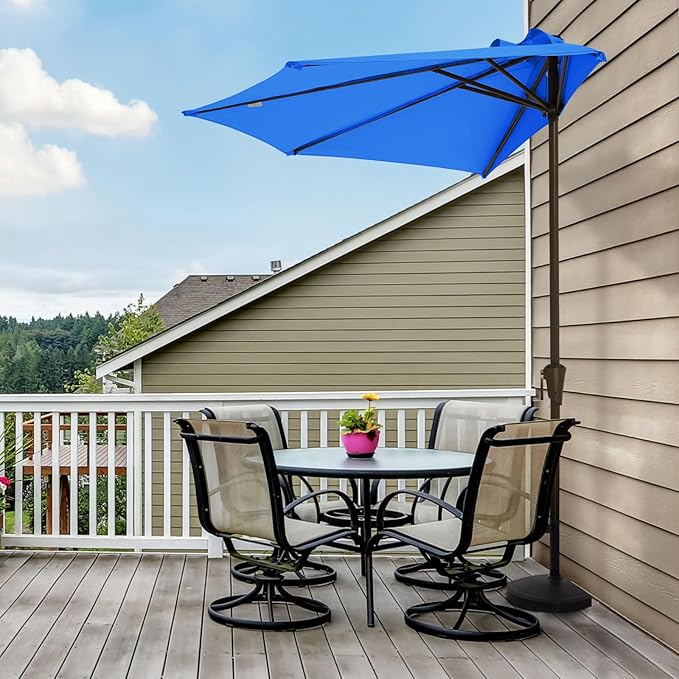 JEAREY 9ft Half Umbrella Outdoor Patio Umbrella Market Umbrellas with Crank, 1/2 Round Wall Umbrella 5 Sturdy Ribs UV Protection for Pool Garden Balcony Deck, Royal Blue