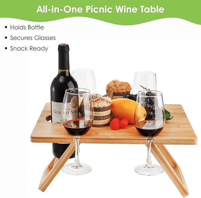 Youeon Portable Wine Picnic Table with 5 Wine Glasses Holder, Foldable Champagne Picnic Snack Table, Wine and Cheese Table for Picnic, Camping, Park, Beach, Wine Lover Gift