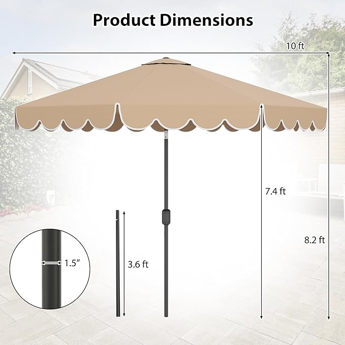 HAPPYGRILL 10 FT Patio Umbrella, Market Table Umbrella w/Crank, Push Button Tilt, Ruffled Edges, Vented Top & 8 Ribs, Outdoor Sun Shade for Poolside Backyard Beach