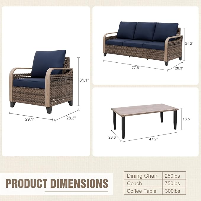 Modern Wicker Patio Furniture Set, Rattan Outdoor Conversation Set with Comfortable Cushions, 2 Patio Chairs, 3 Seat Couch and Coffee Table, 4 Pieces, Brown/Blue
