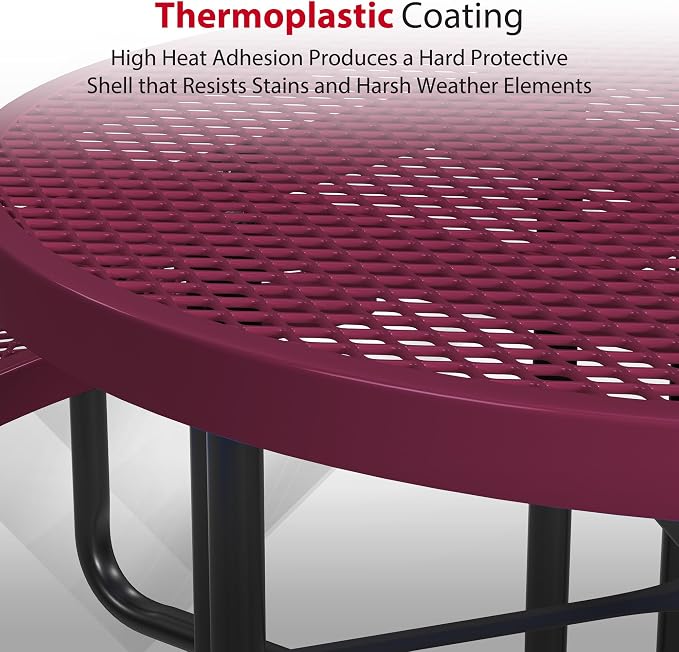 Leisure Craft Metal Picnic Table with Bench - 46" Round Outdoor Dining Table for 8 with Umbrella Hole, Weatherproof Heavy Duty Thermoplastic Coating, Commercial Grade Furniture Made in USA - Burgundy