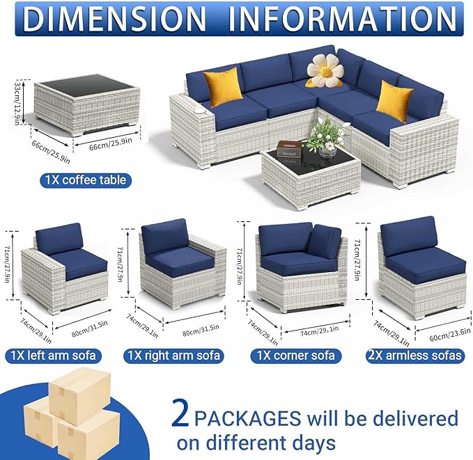 YLGJ&TIDY Patio Furniture Set, 8 Inch Armrest Outdoor Sectional Sofa, 6 Piece Wicker Outdoor Furniture Conversation Sets with Waterproof Cushions and Coffee Table for Backyard Deck